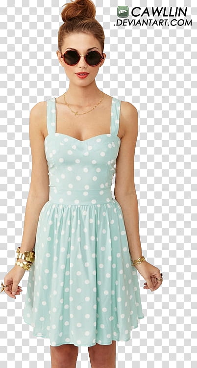 Female Unknows, woman in teal polka-dot thick strap dress transparent background PNG clipart