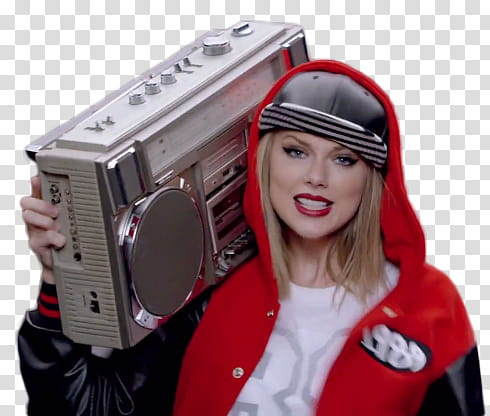 Taylor Swift Shake It Off Video NeonLights S, woman in red and black hoodie carrying boombox on her shoulder transparent background PNG clipart