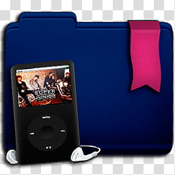 Super Junior Icon Folders I, Music, blue folder and black iPod classic icon transparent background PNG clipart