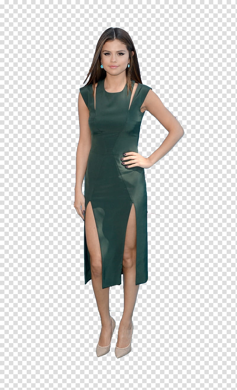 Selena Gomez, woman in green double slit mini dress transparent background PNG clipart