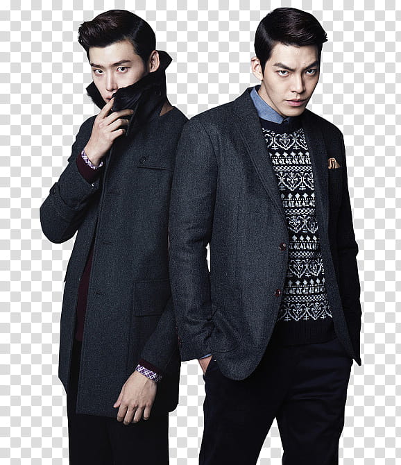 Kim Woobin and Lee Jong Suk render , two man in black jacket transparent background PNG clipart