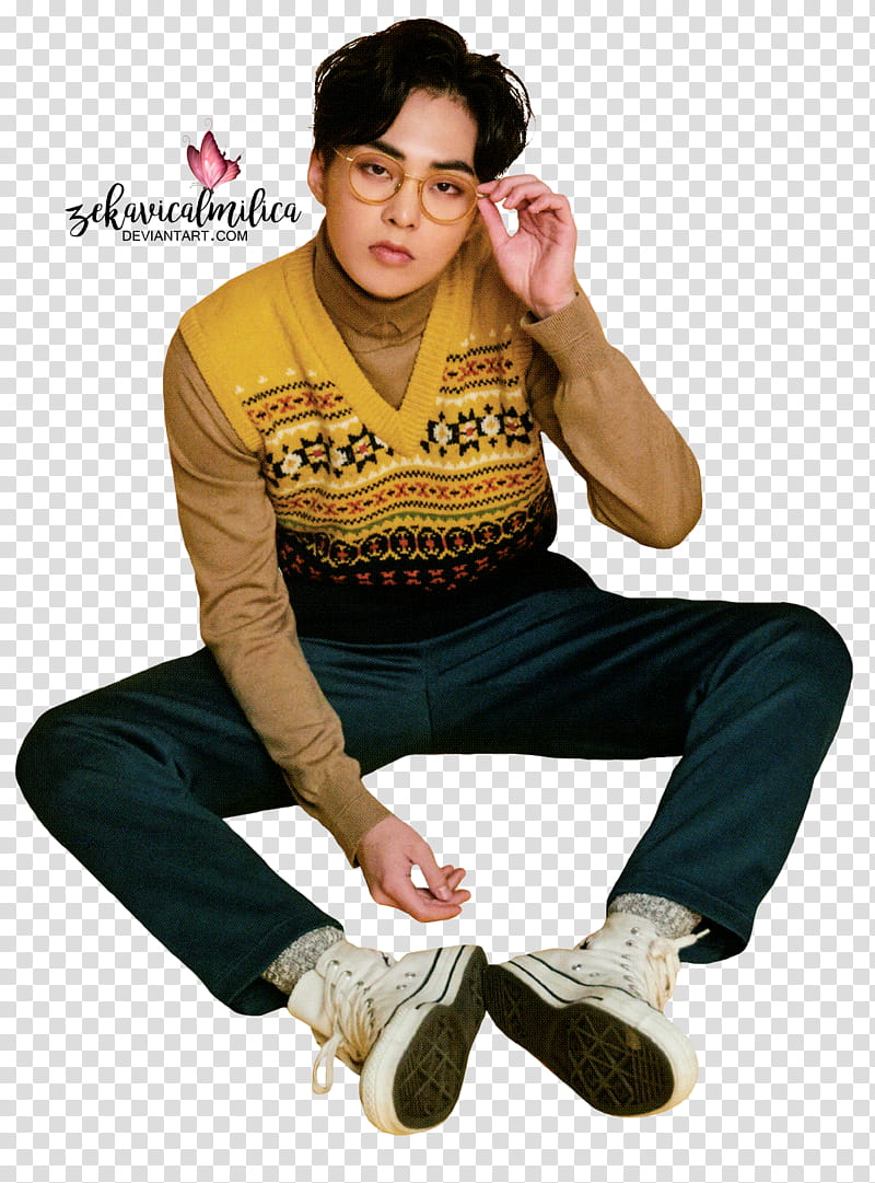 EXO Xiumin  Season Greetings, man sitting holding his eyeglasses transparent background PNG clipart