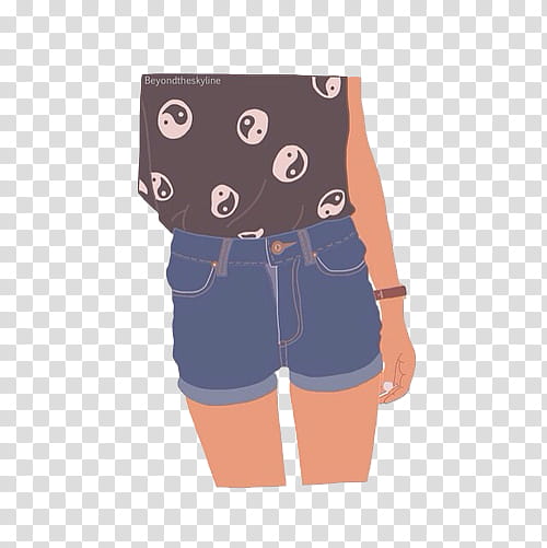 overlays, woman wearing monogrammed black yin yang graphic shirt tucked-in blue shorts art transparent background PNG clipart