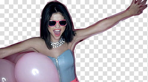 Selena Gomez Hit The Lights, smiling Selena Gomez standing beside pink balloon transparent background PNG clipart