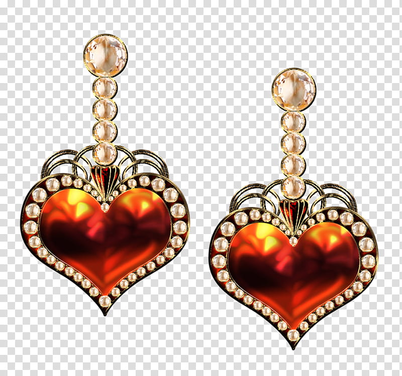 Set jewelry hearts, two orange and silver-colored heart pendant jewelries transparent background PNG clipart