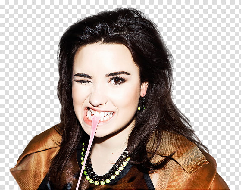 Demi Lovato Fiasco Magazine Cut Out , Demi Lovato with stretched bubblegum between her teeth transparent background PNG clipart