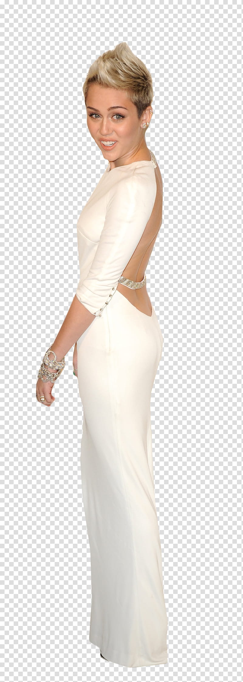 Miley Cyrus, smiling Miley Cyrus wearing white long-sleeved backless dress transparent background PNG clipart