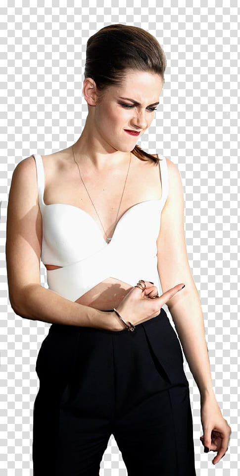 Kirsten Stewart wearing white sweetheart neckline tank top and black bottoms transparent background PNG clipart