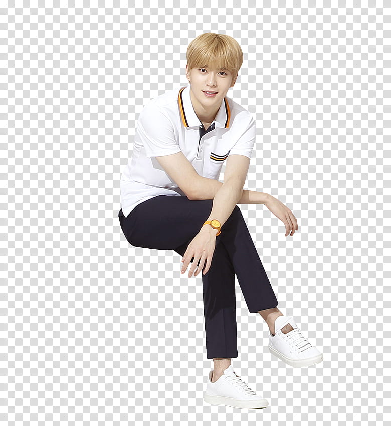 Jaehyun NCT, smiling man wearing polo shirt and black pants transparent background PNG clipart