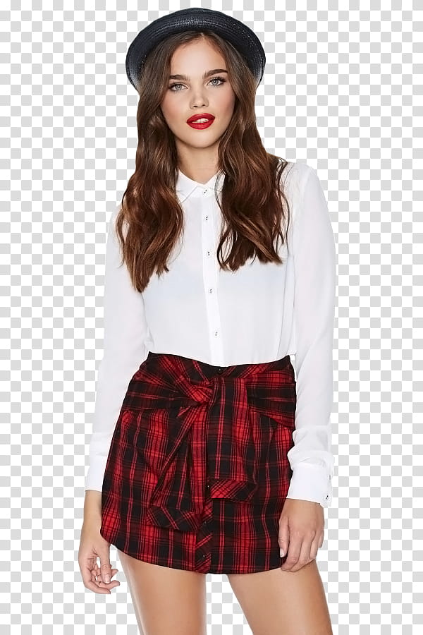 Model, woman in black hat, white dress shirt, and black and red plaid skirt transparent background PNG clipart