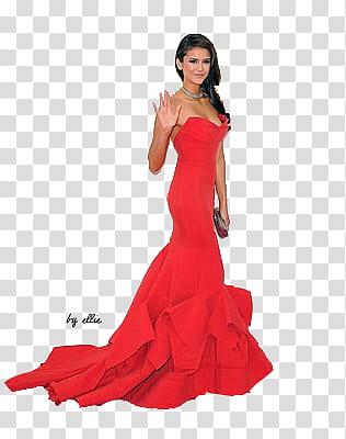 Nina Dobrev, woman wearing red maxi dress with text overlay transparent background PNG clipart