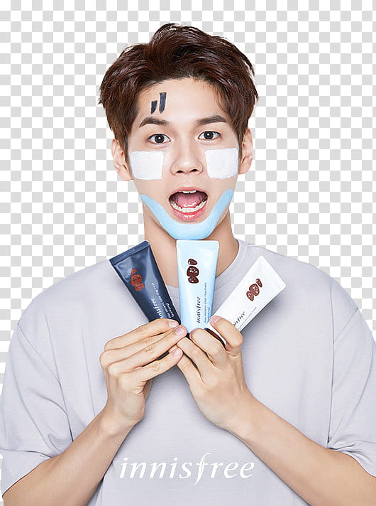 ONG SEONGWOO WANNA ONE , man standing and showing three soft tubes transparent background PNG clipart