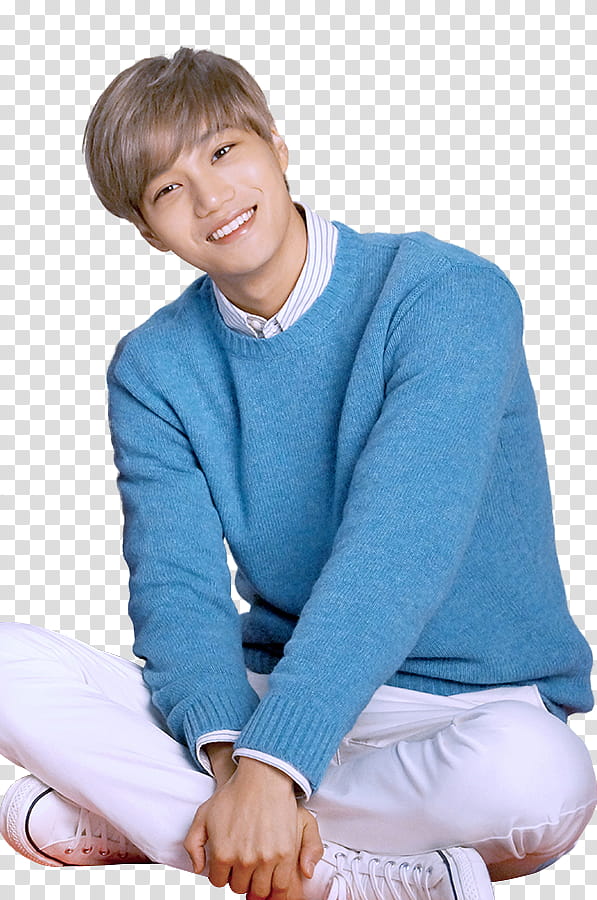 Exo Lotte Duty Free P, smiling man wearing blue sweater and white jeans while crossing his legs transparent background PNG clipart