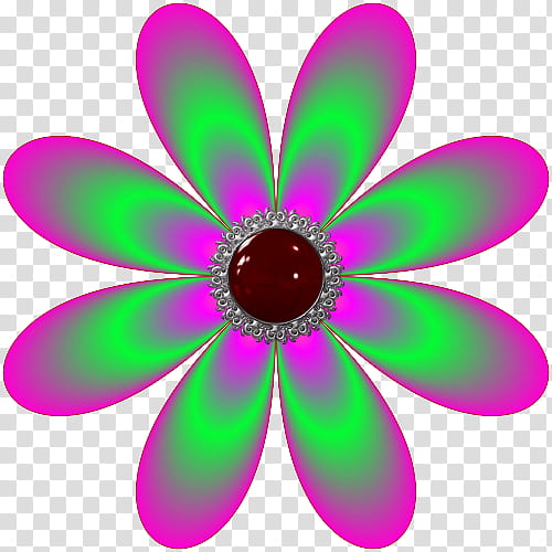 Decorative flowerses in, round red jeweled silver-colored with pink and green petaled flower illustration transparent background PNG clipart