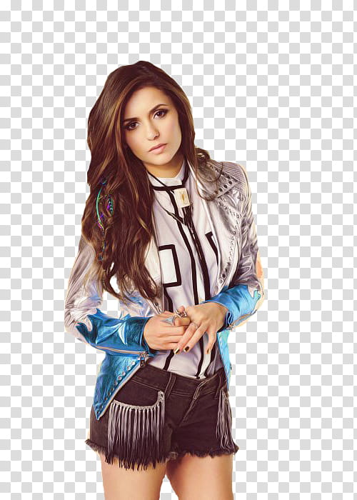 Nina Dobrev Woman Wearing White And Blue Jacket And Black Short Shorts Outfit Posing For Transparent Background Png Clipart Hiclipart