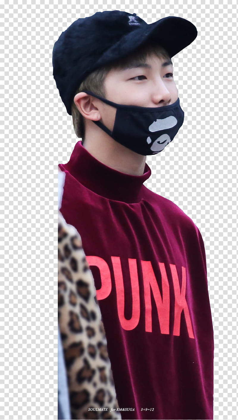 Rap Monster BTS, man wearing black hat and black A Bathing Ape mask transparent background PNG clipart