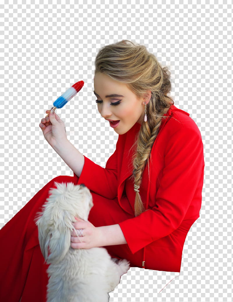 Sabrina Carpenter, woman holding popsicle while petting white dog transparent background PNG clipart