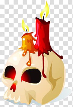 Halloween, two red and orange candles on skull illustration transparent background PNG clipart
