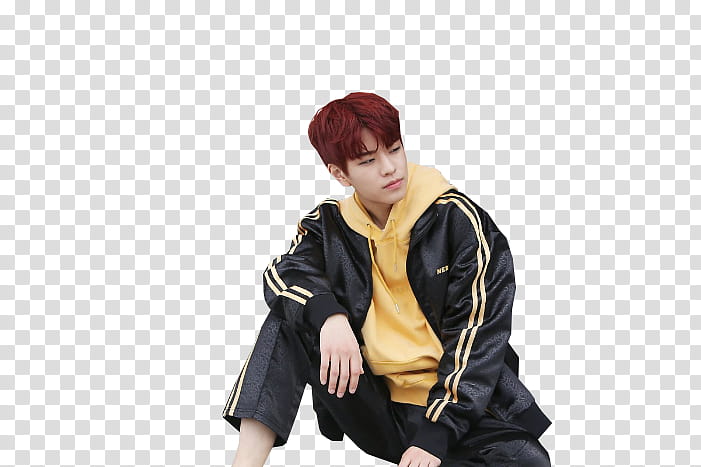 STRAY KIDS  STAR , man wearing black-and-yellow track suit transparent background PNG clipart
