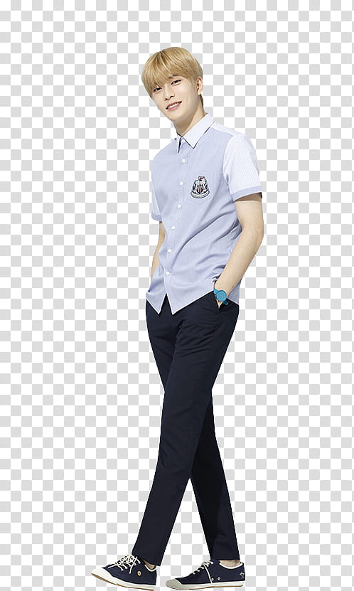 Jaehyun NCT, man wearing blue button-up T-shirt and black pants transparent background PNG clipart