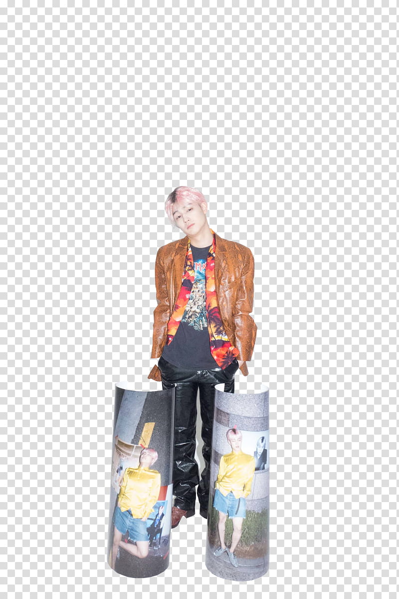 JB Im Jaebum, man in brown leather jacket standing beside two posters transparent background PNG clipart
