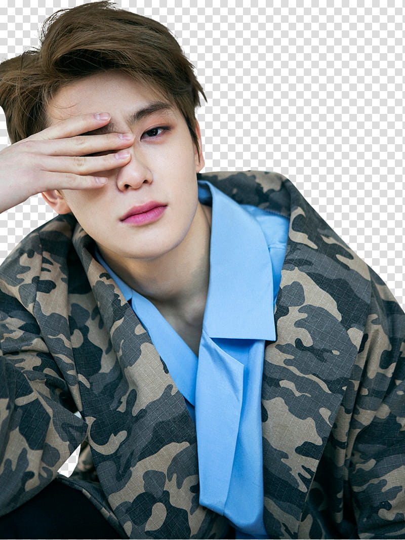 JAEHYUN NCT, man in brown and green camouflage jacket covering his eye transparent background PNG clipart