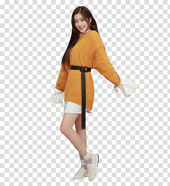 Red Velvet Irene NUOVO P, woman wearing orange and white crew-neck long-sleeved coat transparent background PNG clipart