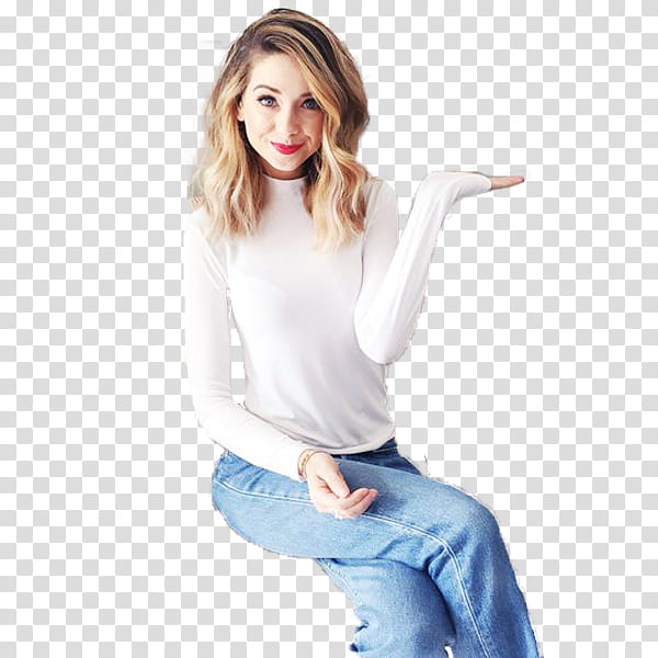 Zoe Sugg, woman wearing white long-sleeved shirt and denim jeans transparent background PNG clipart