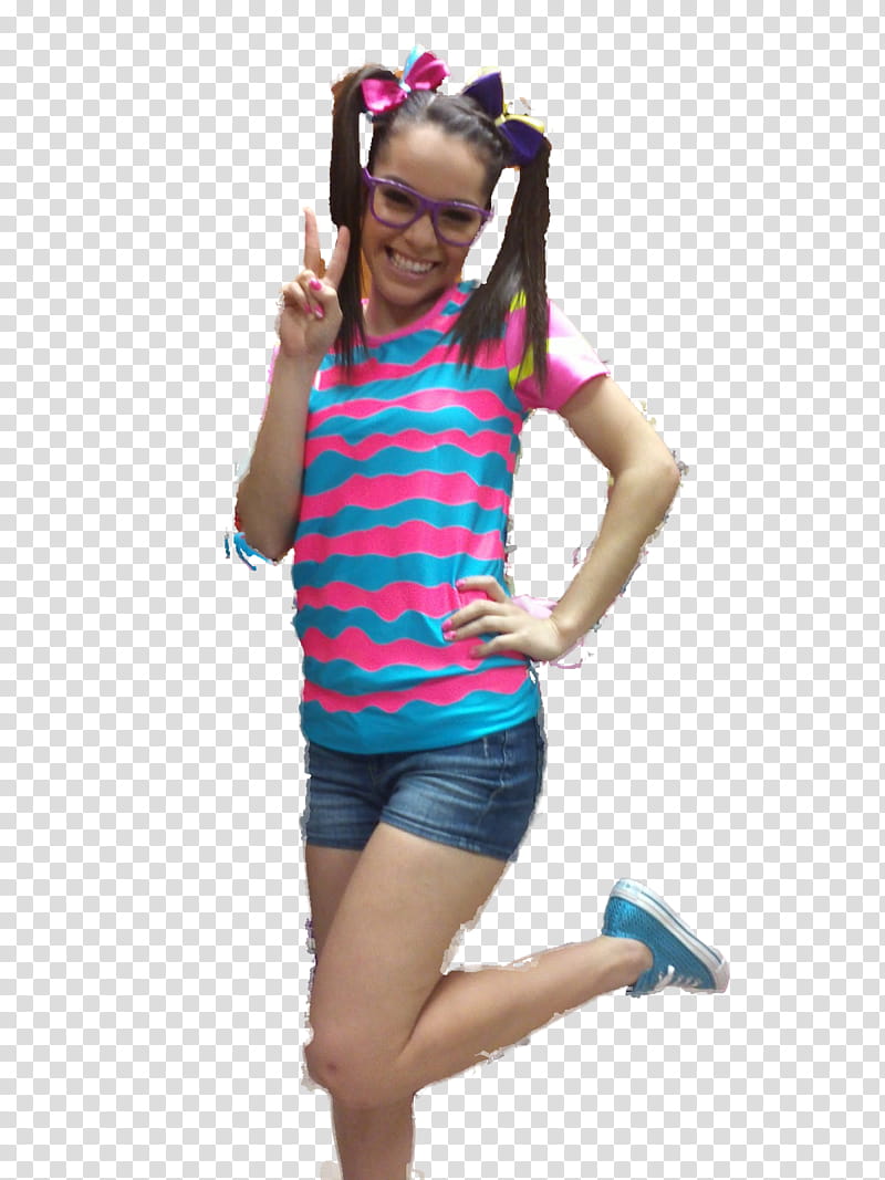 Acabatelo, smiling woman wearing blue and pink striped shirt and blue denim short shorts showing peace sign transparent background PNG clipart