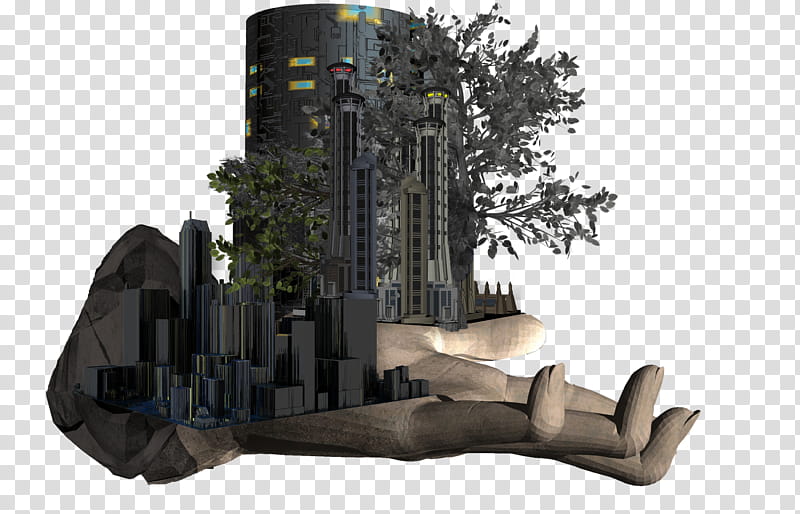 Floating Island, human lying with buildings and trees coming out D graphic transparent background PNG clipart