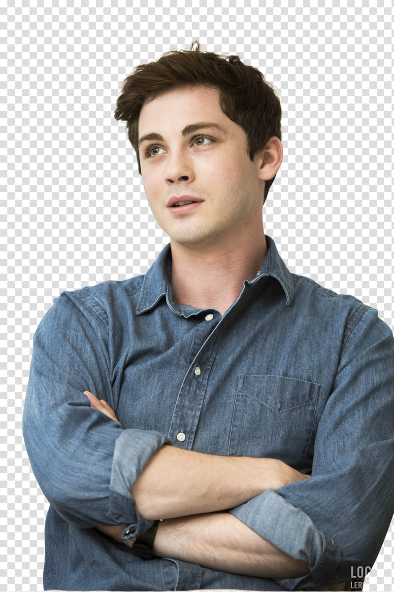 Logan Lerman, man with crossed arms wearing blue collared top transparent background PNG clipart
