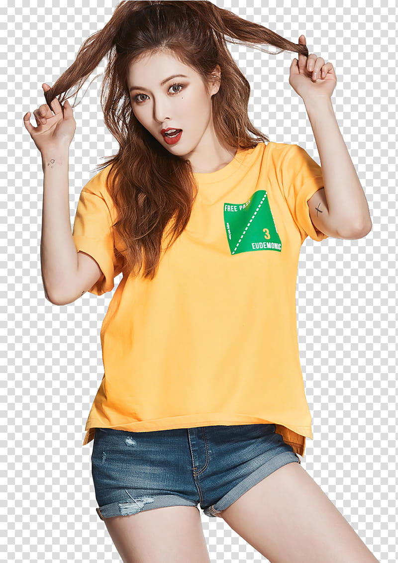 Hyuna Woman Wearing Yellow Crew Neck Shirt Holding Her Hair