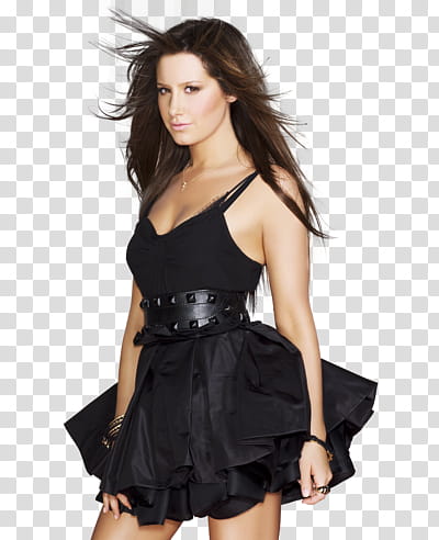 Ashley Tisdale, woman standing wearing black spaghetti strap dress transparent background PNG clipart