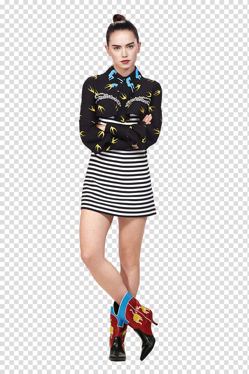 Daisy Ridley, woman wearing black and white long-sleeved dress transparent background PNG clipart