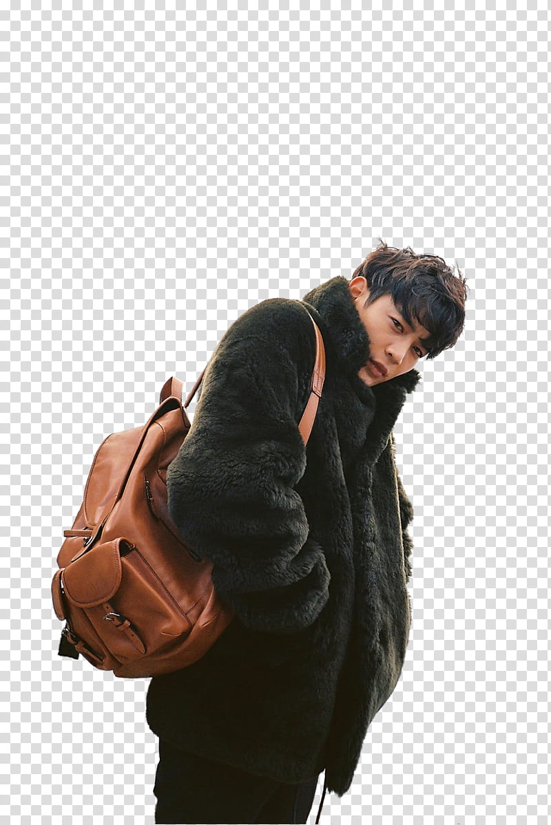 SHINee Minho GQ Korea P, man wearing black coat and carrying brown leather back transparent background PNG clipart