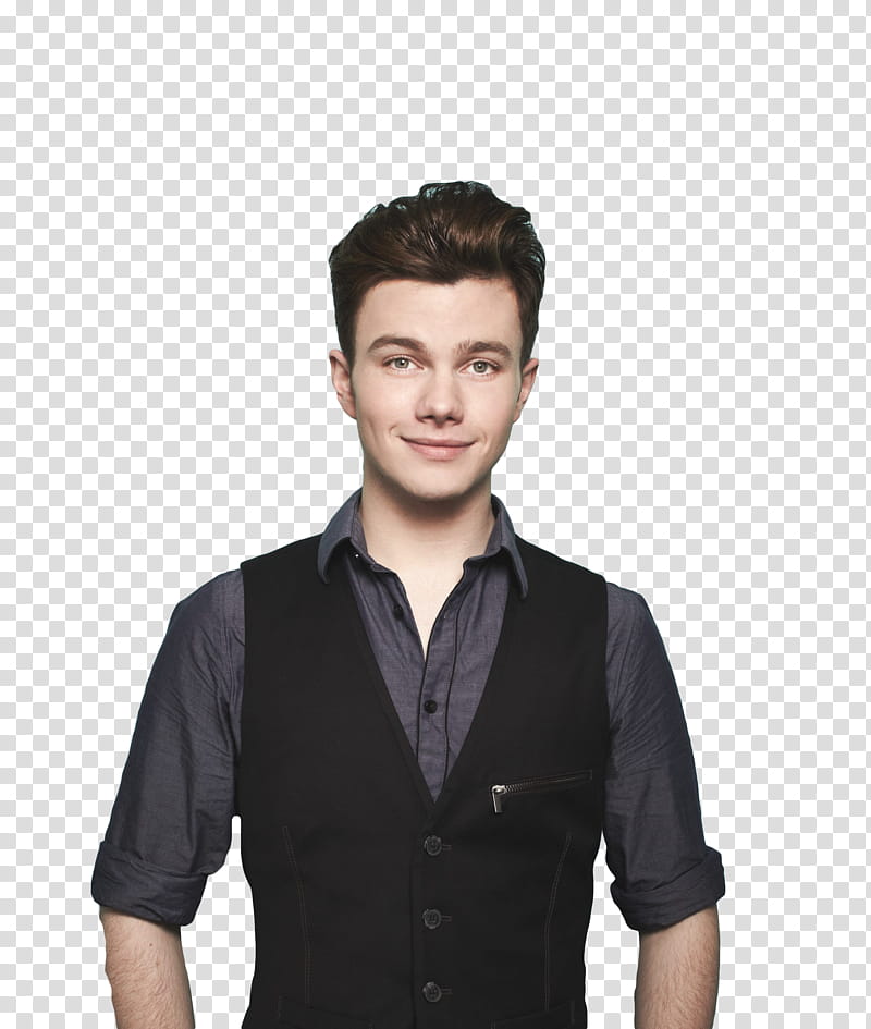 Chris Colfer, smiling man wearing black vest and gray sports shirt transparent background PNG clipart