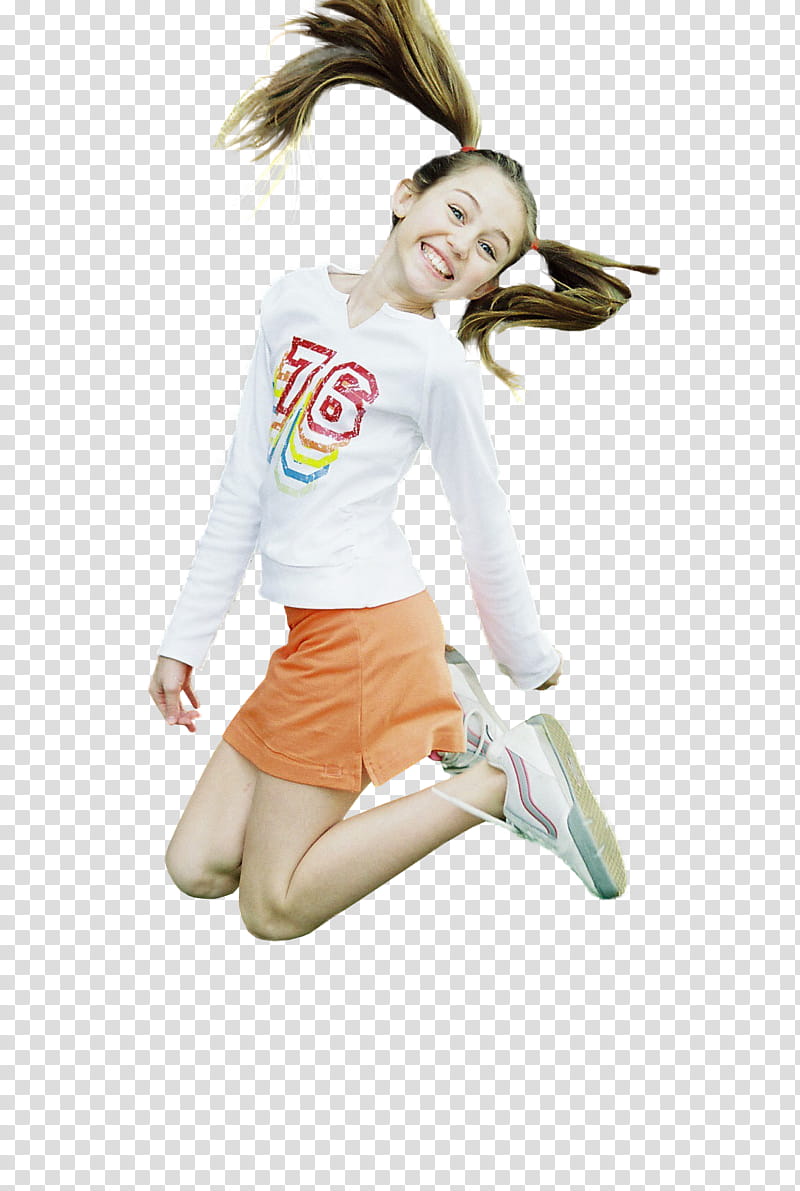 , girl wearing white and multicolored sweater smiling while jumping transparent background PNG clipart