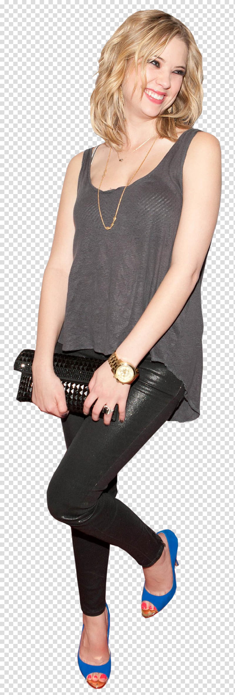 ashley benson, woman in gray tank top holding wallet transparent background PNG clipart