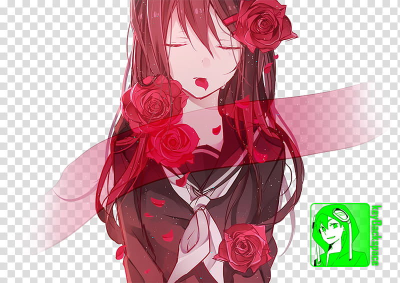Tateyama Ayano (Mekakucity Actors), Render, black-haired female anime character surrounded by red roses transparent background PNG clipart