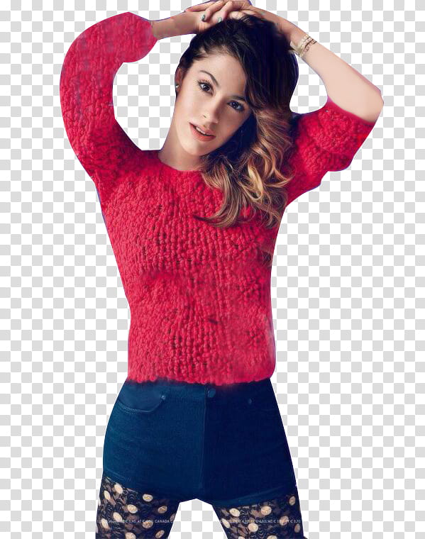 Martina Stoessel, woman wearing red sweater and blue denim shorts transparent background PNG clipart