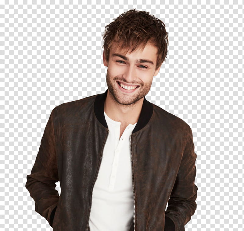 Douglas Booth, smiling man wearing brown leather zip-up biker jacket transparent background PNG clipart