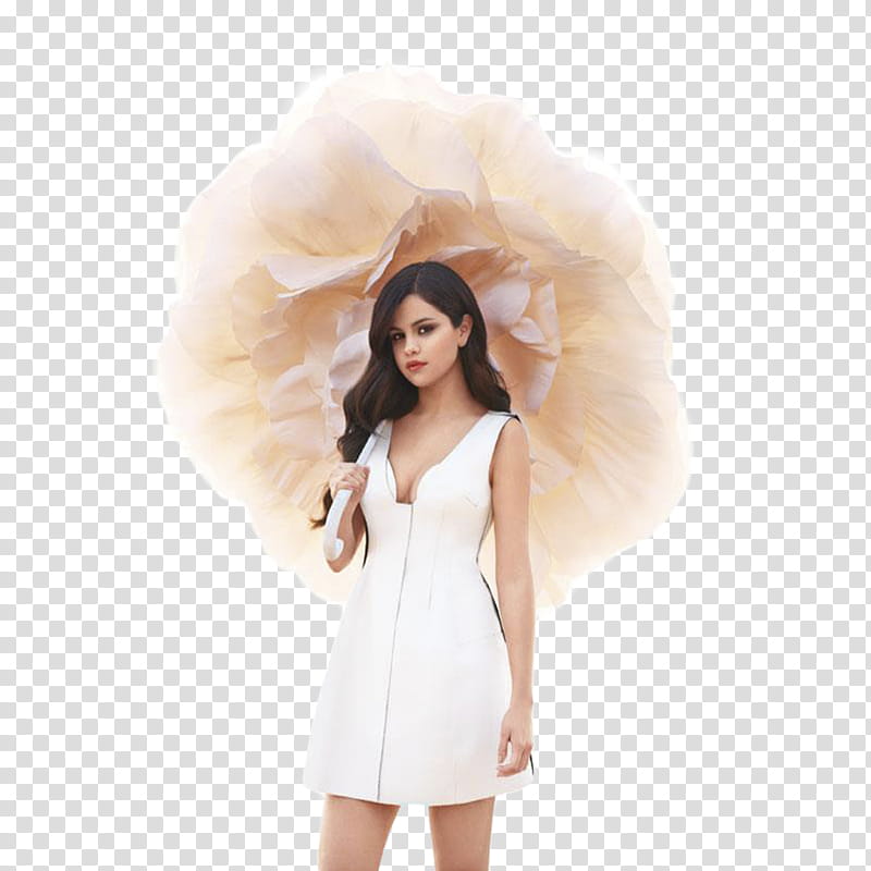 Selena Gomez , woman standing with brown flower umbrella transparent background PNG clipart
