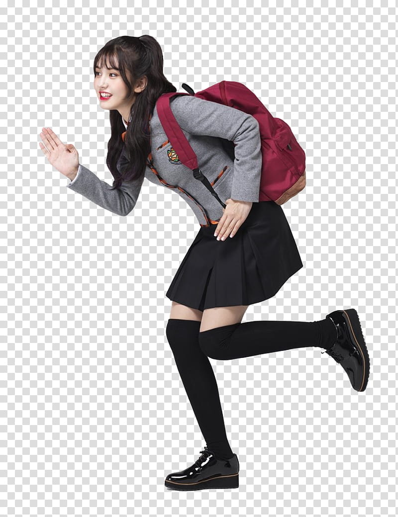 Somi Scoolooks, woman in grey shirt and black skirt carrying red back transparent background PNG clipart