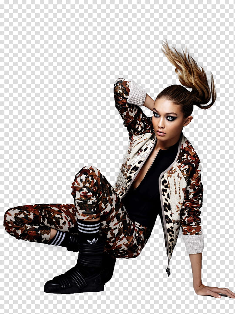 Gigi Hadid, woman leaning on floor while wearing camouflage jacket transparent background PNG clipart