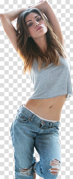 Phoebe Tonkin, woman in grey crop top and blue tattered bottoms transparent background PNG clipart