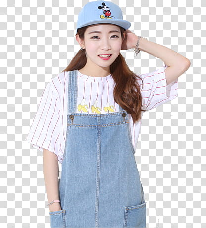 SHARE ULZZANG, woman wearing blue denim jumper dress and blue Mickey Mouse hat transparent background PNG clipart