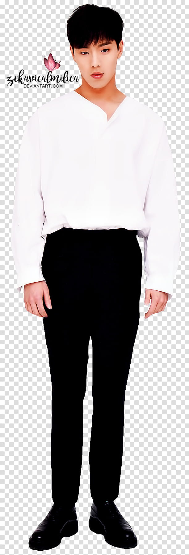 Monsta X Shownu rd Fanclub book, man wearing white long-sleeved top and black pants standing transparent background PNG clipart