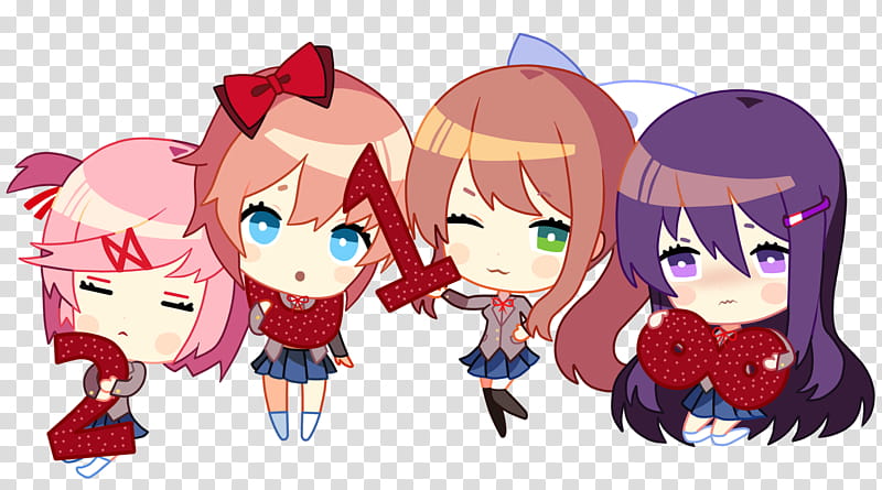 Doki Doki Literature Club  Chibis, four girl anime characters transparent background PNG clipart