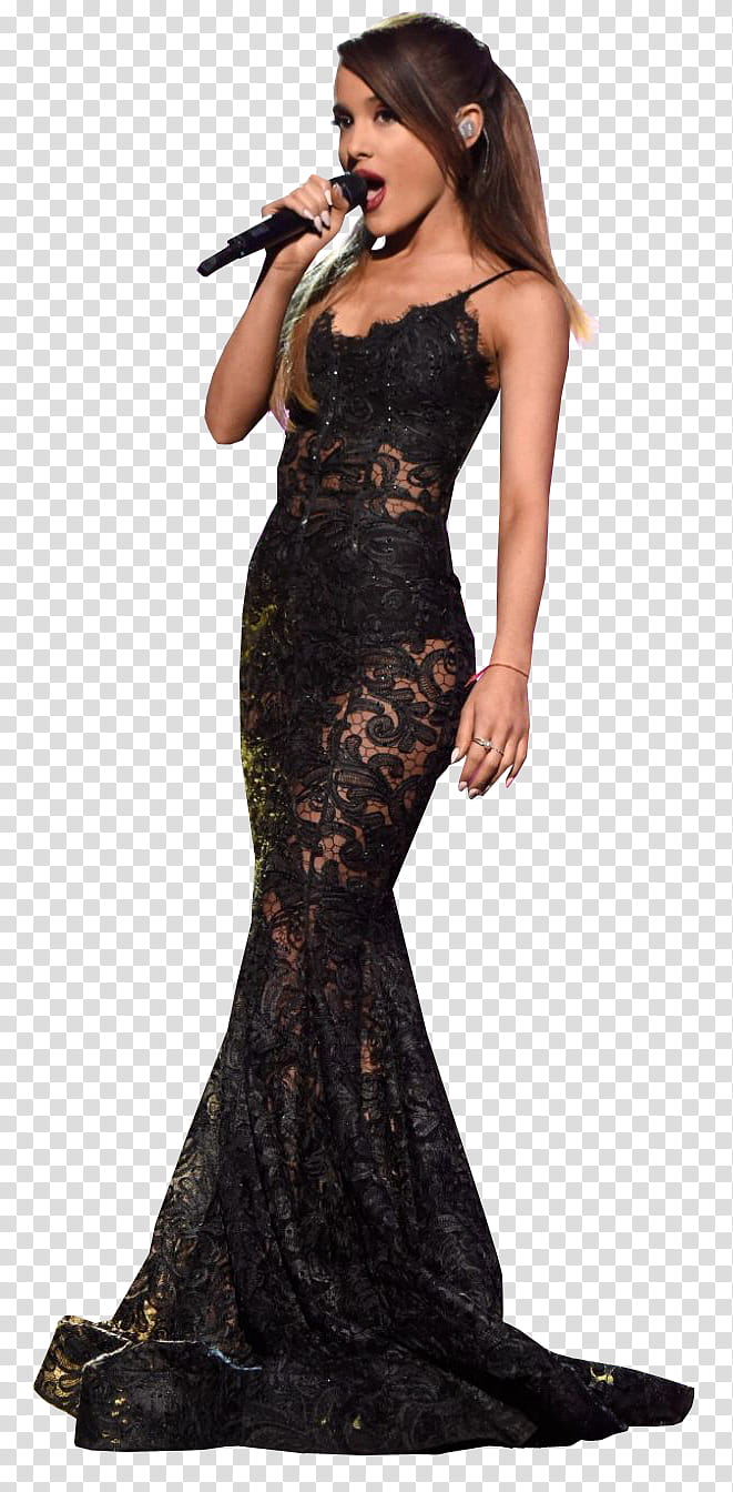 Ariana Grande , Ariana Grande wearing black dress while holding microphone transparent background PNG clipart