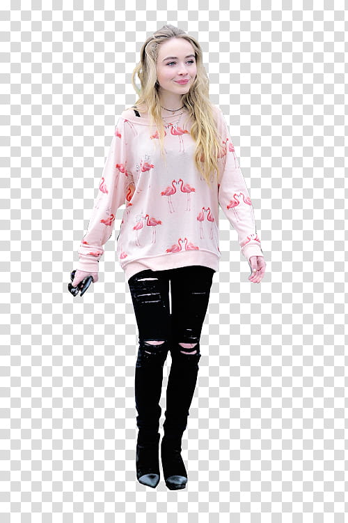 Sabrina Carpenter, smiling woman in white and red flamingo print sweater and distressed black jeans transparent background PNG clipart